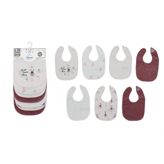 DIMCOL - Σαλιάρα με Velcro bebe με Αδιάβροχη Επένδυση Σετ 7 Τεμ. Ballerina 07  White-Pink (30X20)