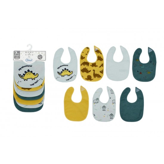 DIMCOL - Σαλιάρα με Velcro bebe με Αδιάβροχη Επένδυση Σετ 7 Τεμ. Dinosaur 08  Aqua (30X20)