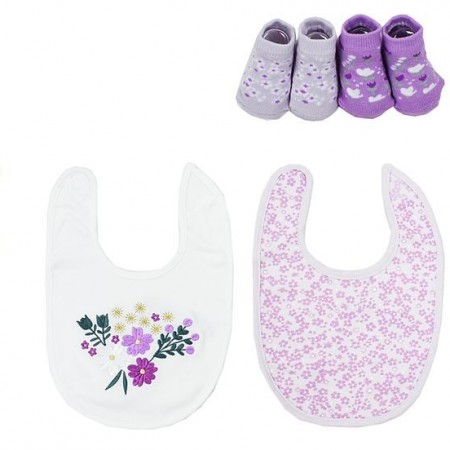DIMCOL - Σαλιάρα Interlock & Επένδυση Terry με Velcro bebe Σετ 5 Τεμ. Flowers 27 White-Lilac (30X20)