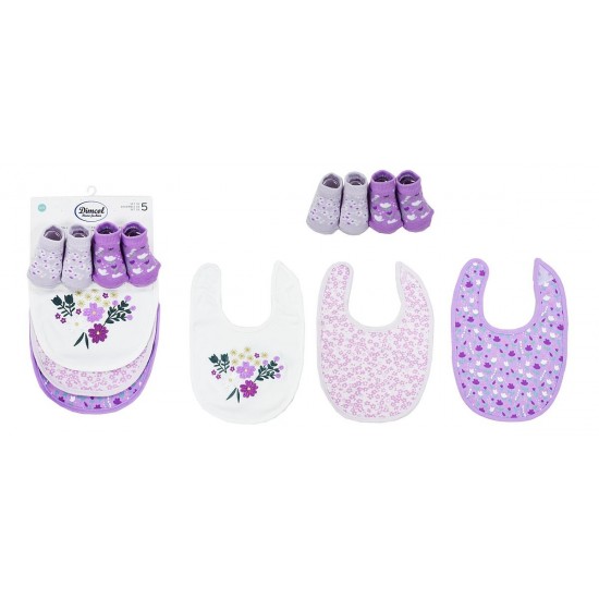 DIMCOL - Σαλιάρα Interlock & Επένδυση Terry με Velcro bebe Σετ 5 Τεμ. Flowers 27 White-Lilac (30X20)